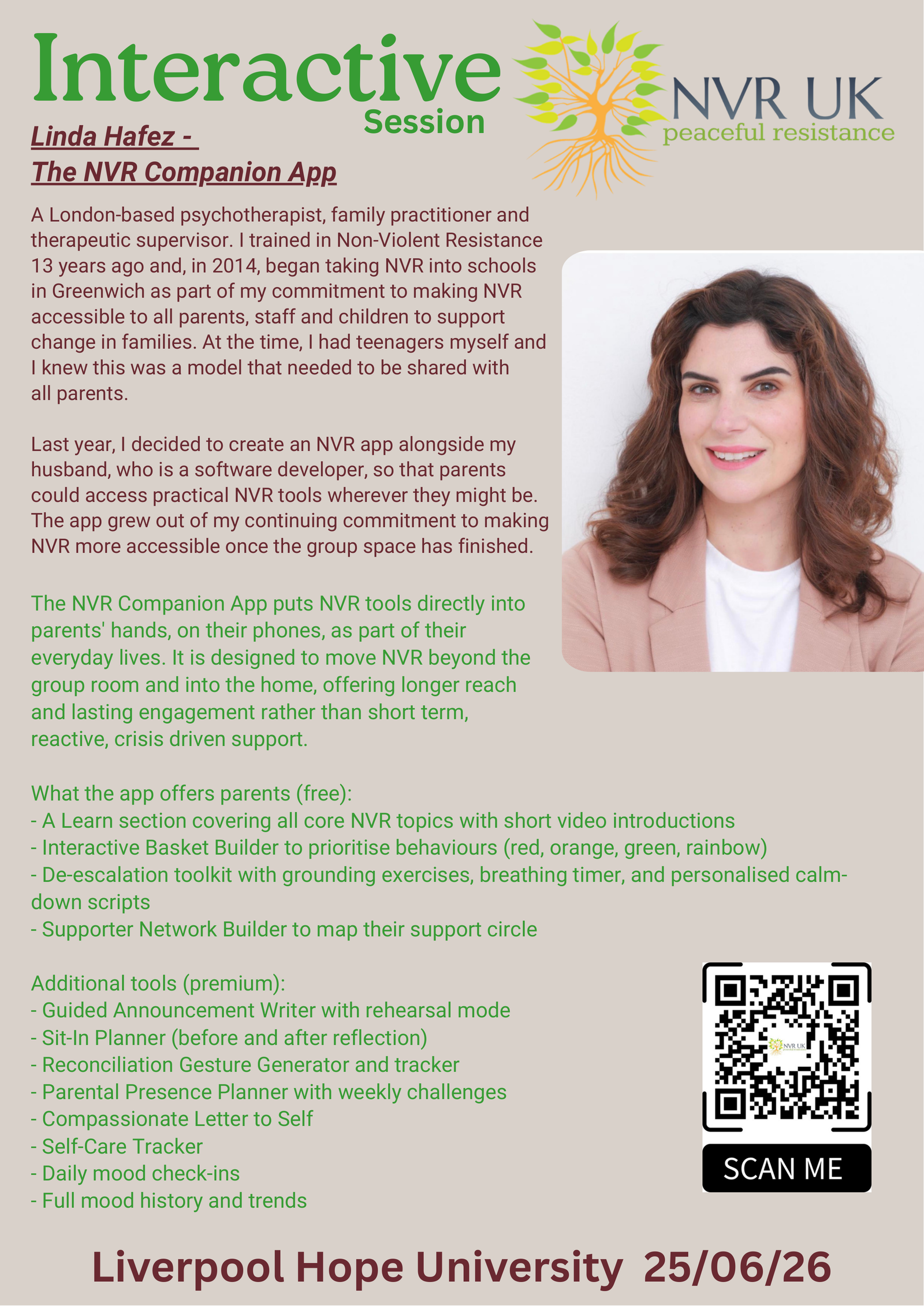 NVR UK Conference poster — Linda Hafez presenting The NVR Companion App at Liverpool Hope University, 25 June 2026